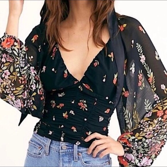 Free People Final Rose Deep V-Neck Long Sleeve Ruched Blouse - Picture 6 of 6